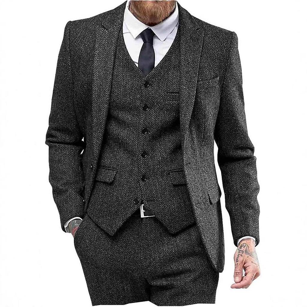 Men's Slim Fit Herringbone Three-Piece Suit for Business, Banquets, and Weddings
