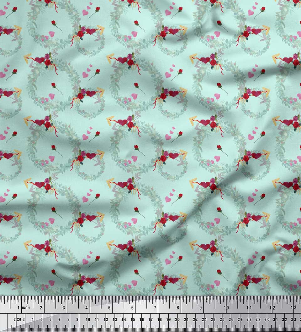 

Тканина Soimoi Blue Japan Crepe Satin Heart & Wheath Floral Print Тканина на метр 42 дюйма 42 Inch Wide - Poly Crepe зелений