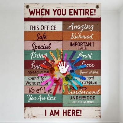Inclusive Community Office Whimsical Metal Tin Sign with Multicolor Handprint, Motivational Words Vertical Plank Rustic Design F