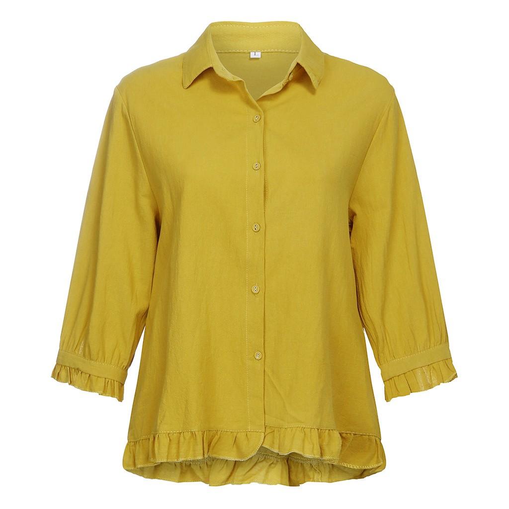 Women's Cotton And Linen Lace Color Button Up Shirt Upper Hem Short Sleeve