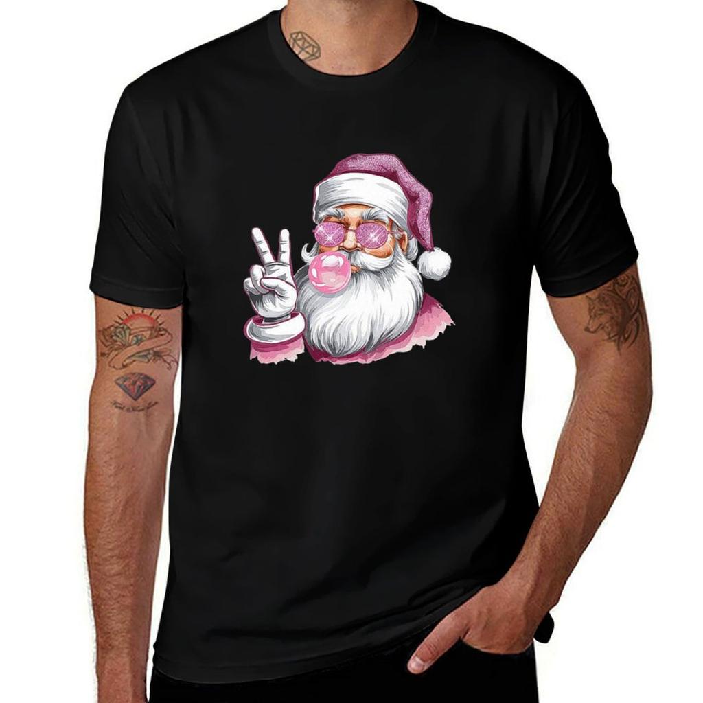 Cool Santa with Pink Sunglasses and Bubblegum - Holiday Peace Sign Art T-Shirt Casual Loose Fit