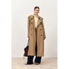 Womens Khaki Suede-Look Long Trench Coat Double-Breasted Loose Fit Vintage Style