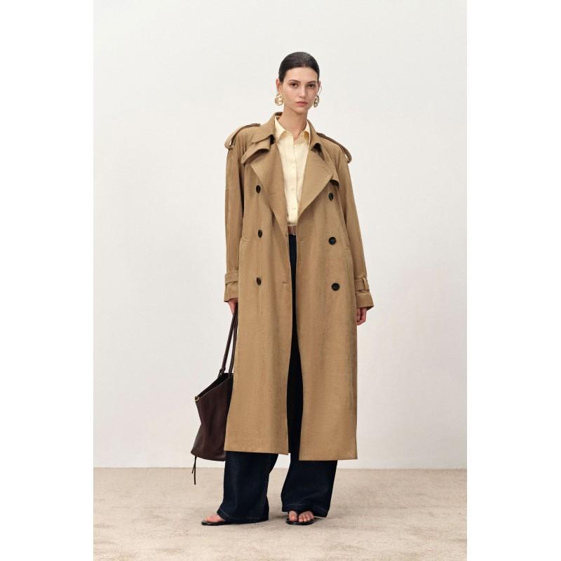 Womens Khaki Suede-Look Long Trench Coat Double-Breasted Loose Fit Vintage Style