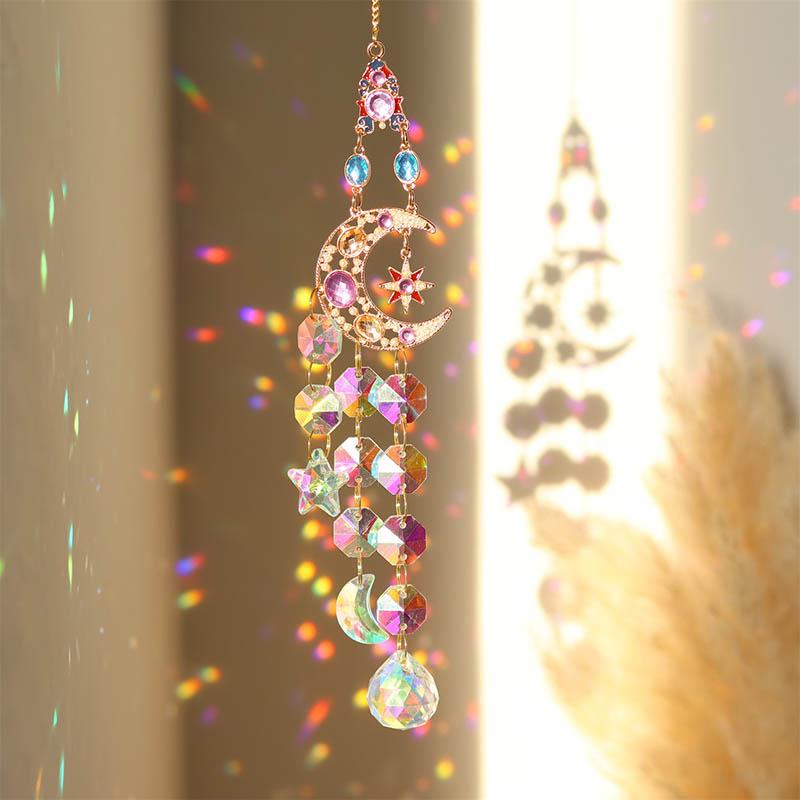 Moon Sun Colored Diamond Sun Catcher Stained Glass Wind Chimes Wall Hangings Ornaments Home Decorations Window Decor Gifts