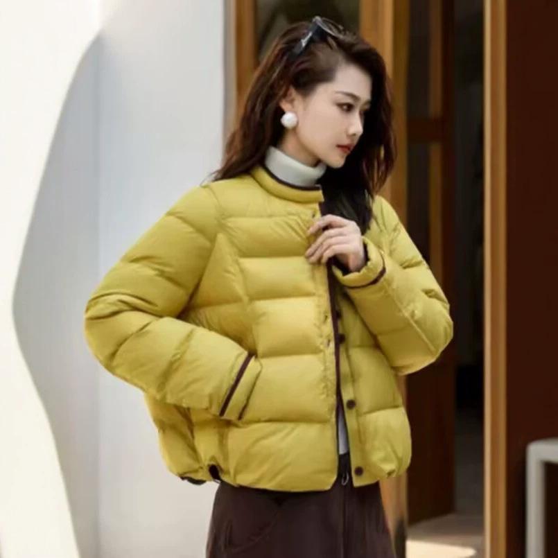 Down jacket new simple literary small stand-up collar white duck down warm versatile contrasting color casual color matching jacket