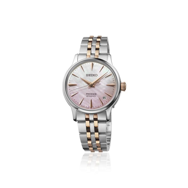 SEIKO Presage series 50 meters waterproof automatic/manual mechanical movement Steel Strap 34mm women's watch pink dial SRPM06