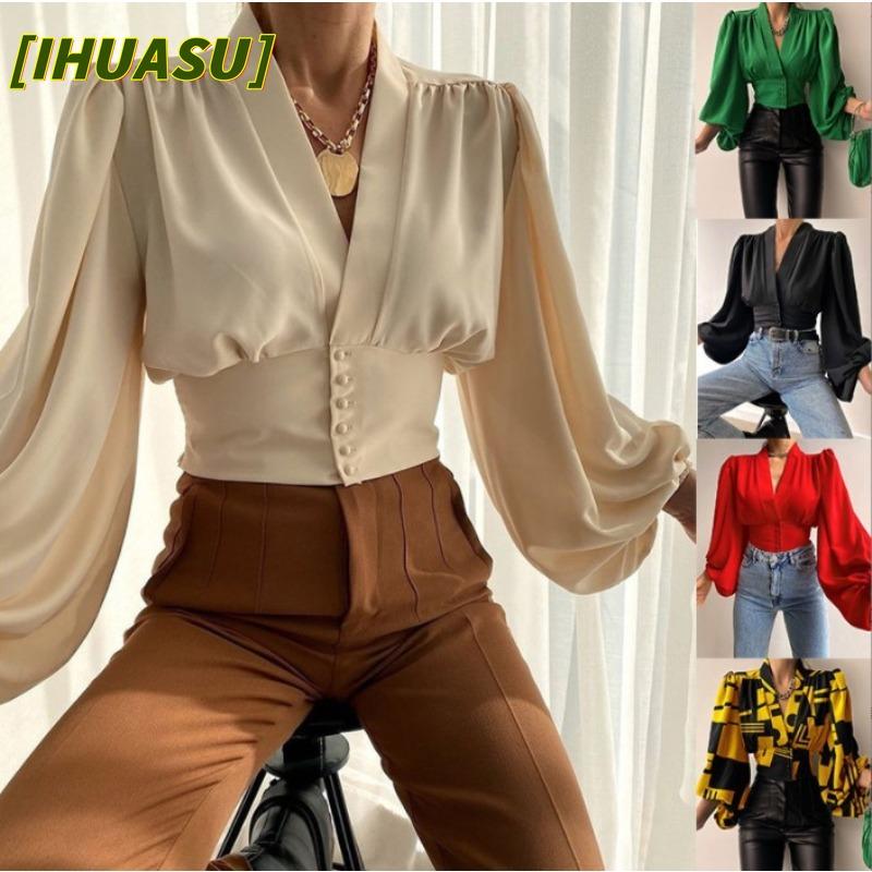 IHUASU Women's Fashion Casual Long Sleeve V Neck Blouses & Shirts International design