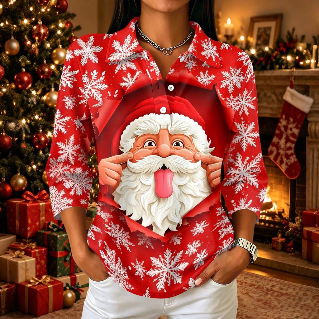 Damen Freizeithemd mit 3/4 Ärmeln, Kragen und Knopfleiste mit Weihnachtsdruck