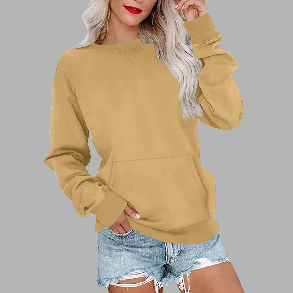 Ladies' Casual And Fashionable Pocket Solid Color Round Neck Long Sleeved Sweatshirt