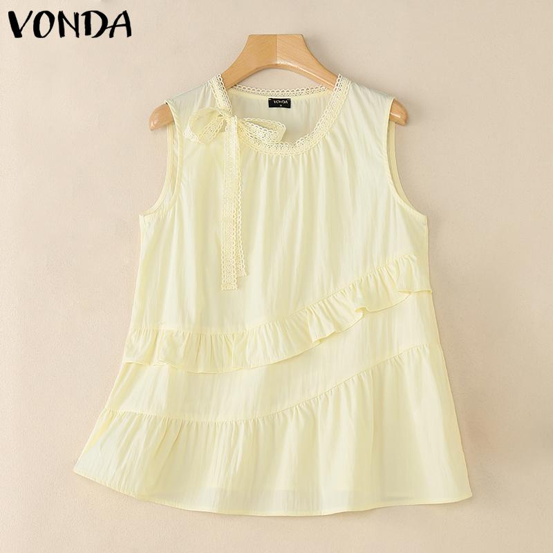 

VONDA Women Sleeveless Crochet Tank Tops Casual Ruffled Patchwork Lace Hem Tops 5XL жёлтый