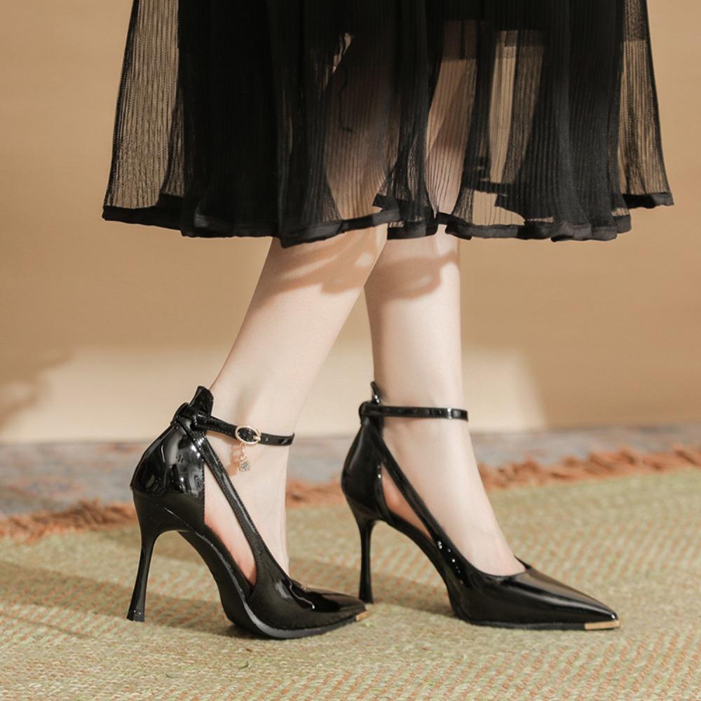 Heels for Ladies Thin Heel Pointed Metal Toe High Heels Women's Hollow Solid Color Patent Leather Commuter Work Shoes Women