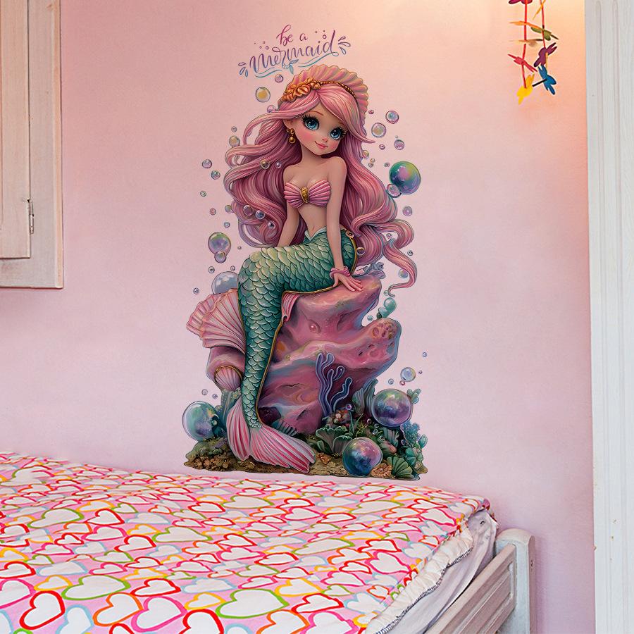 Cartoon Mermaid Wall Stickers for Girls Rooms Bedroom Decals DIY Home Decoration