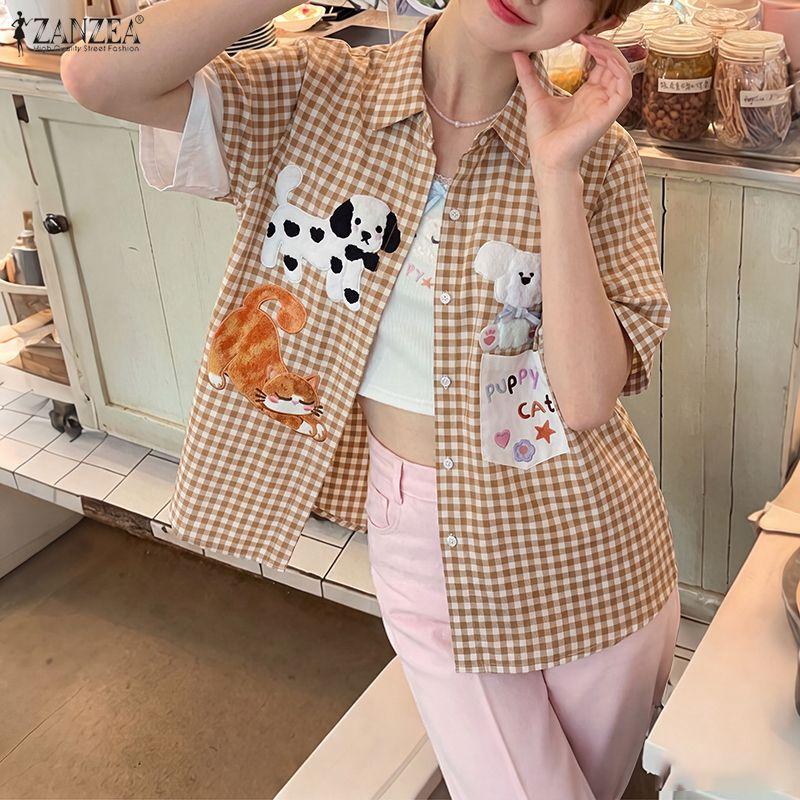 ZANZEA Women Casual Turn Down Collar Loose Short Sleeve Grid Print Blouse