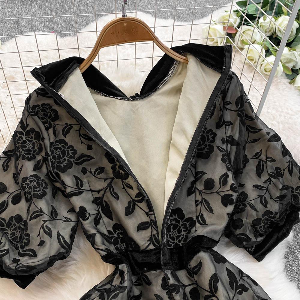 French Elegant Bow Puff Sleeve Dress Women 2025 Spring Autumn New Flocking Floral Waist Slim Long Dresses Patchwork Party Clothing