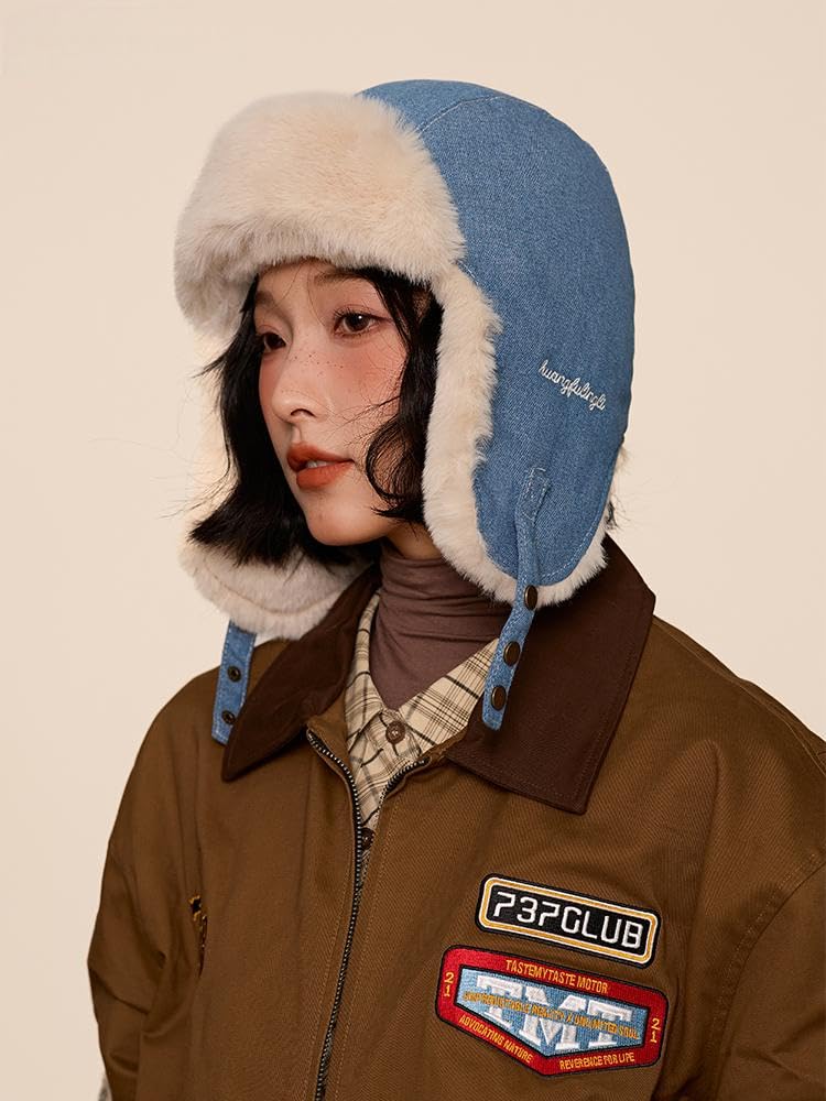 Flight Pilot Cold Protection Hat with Ear Cold Heat Cold Flight Russian Winter Climbing Blue [Clakllie] Cap, Cap, Denim, Hat, Flaps, Embroidered,