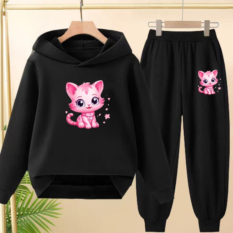 Children Clothes Sweatshirt Set Hooded Sweatshirt with Long Pants Cartoon and Lively Little Cat Girl Pink Set 3-13 Years Old Top