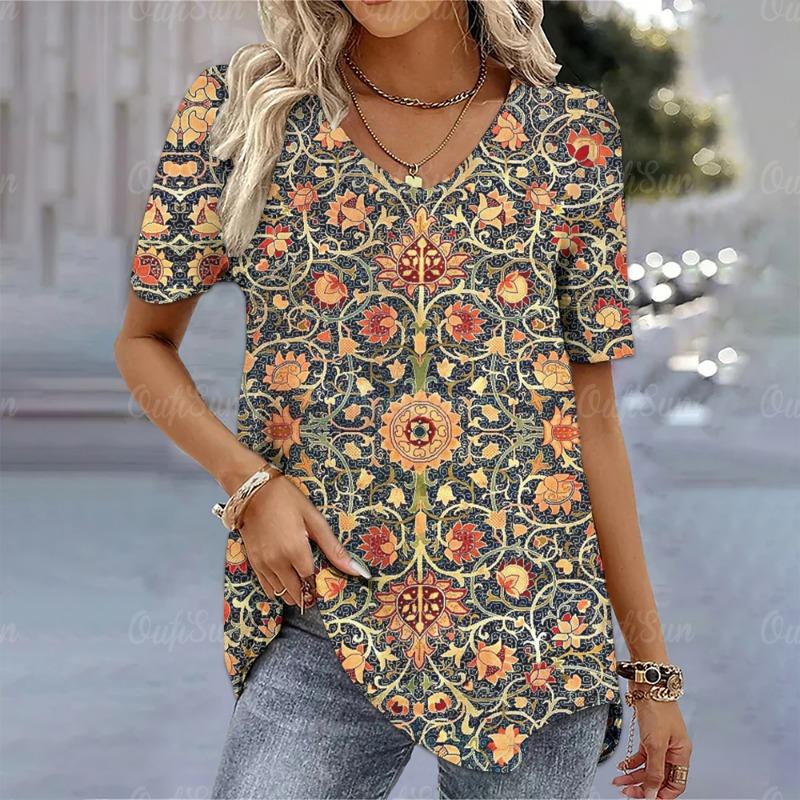 Vintage Damen T-Shirt 3D Blumenmuster Lady Kleidung Sommer V-Ausschnitt Übergroße Bluse Weiblich Harajuku Casual Kurzarm Tops