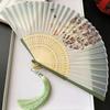 Ancient Chinese Style Small Dance Fan Summer Portable Hanfu Cheongsam Hand Held Fan Green Bamboo Ribs Single-Sided Folding Fan
