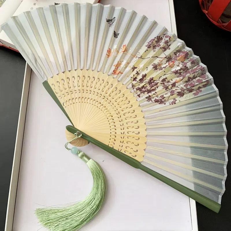 Ancient Chinese Style Small Dance Fan Summer Portable Hanfu Cheongsam Hand Held Fan Green Bamboo Ribs Single-Sided Folding Fan