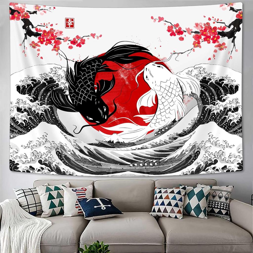 NYMB Japanese Anime Tapestry, Black and White Yin Yang Koi Fish Tapestry for Bedroom Aesthetic, Asian Wave Cherry Blossom Tapestries Poster Beach