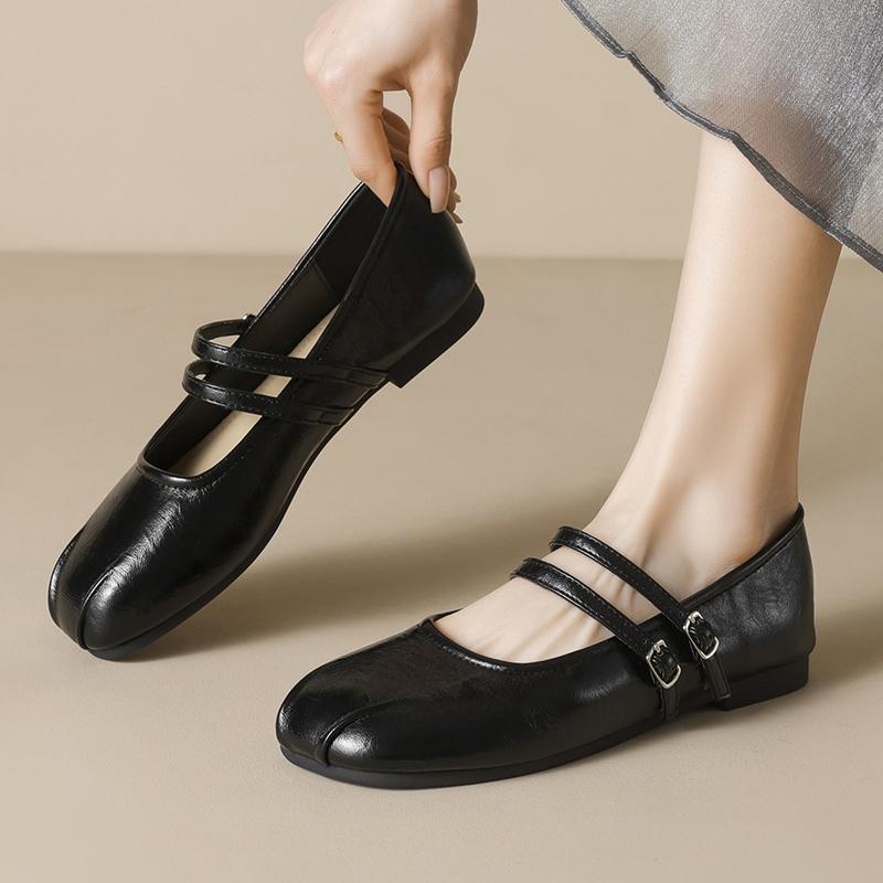Fashion Double Belt Buckle Flats Loafers Woman Solid PU Leather Tabis Shoes Barefoot Mary Janes Ladies Daily Round Toe Mocassines Mujer
