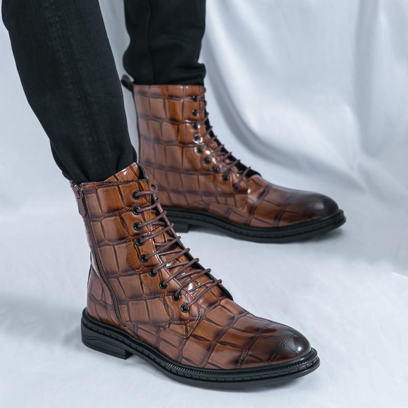 Fashion Men's Fashionable Pointed Leather Chelsea Boots Versatile British Style Business High Top Casual Boots Street Motorcycle Boots
