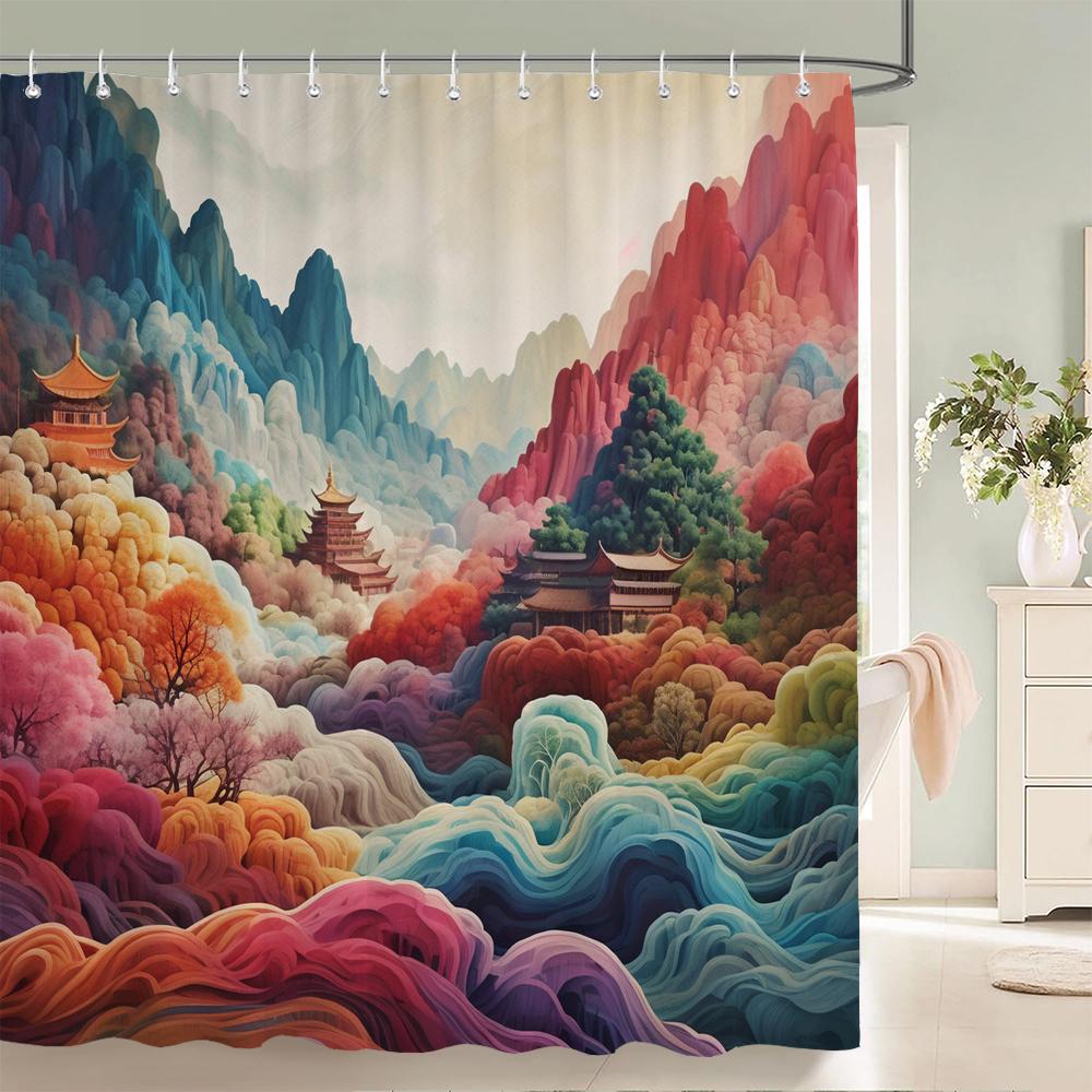 Watercolor Japanese Landscape Style Shower Curtain, Texture Fabric Bathroom Decor Waterproof Fabric Shower Curtian With Hooks