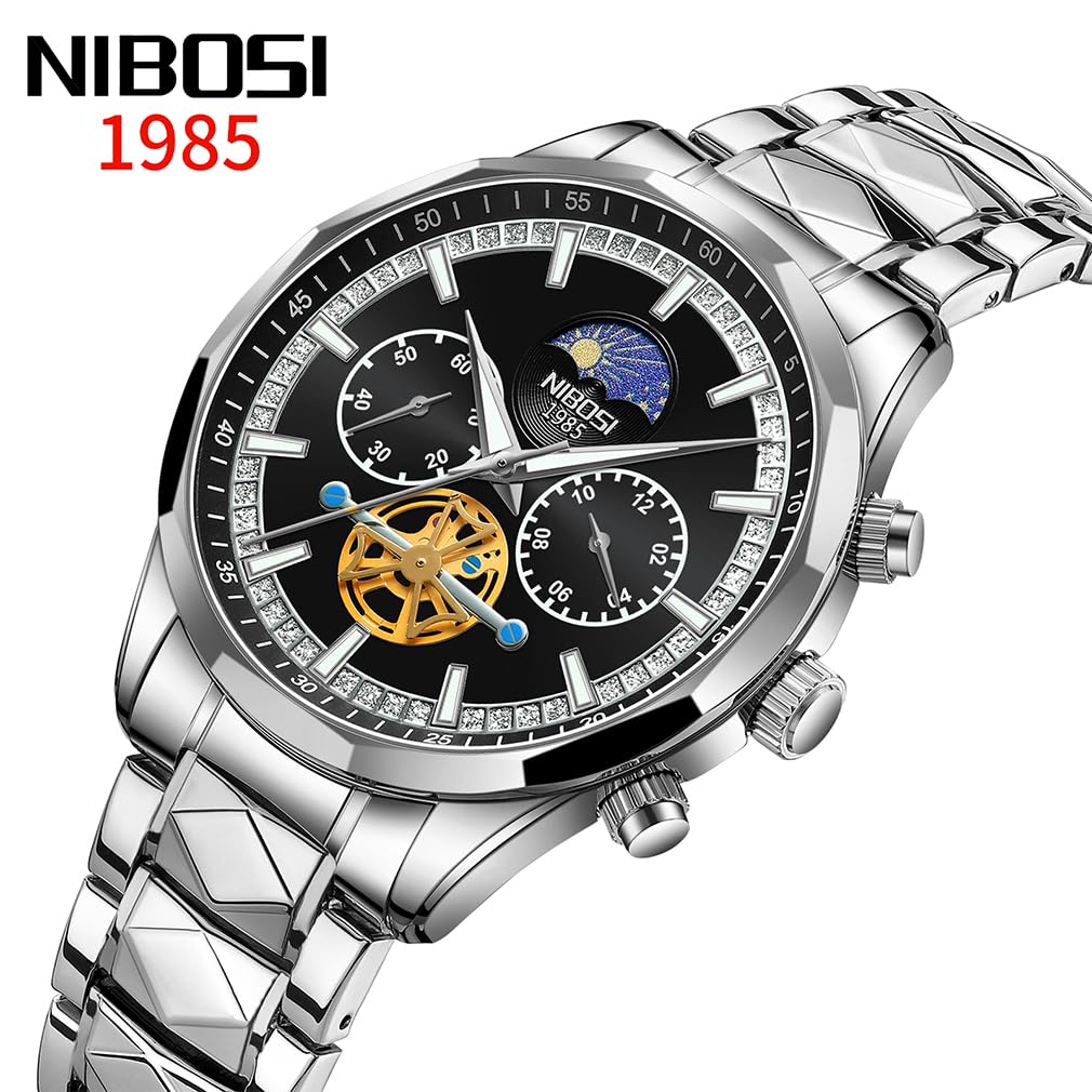 NIBOSI Business Big Metal Stainless Watch for Men Men's Watch, Watch, Chronograph, Face, Brand, Stylish, Casual, Band, Steel, Analog, Skeleton,