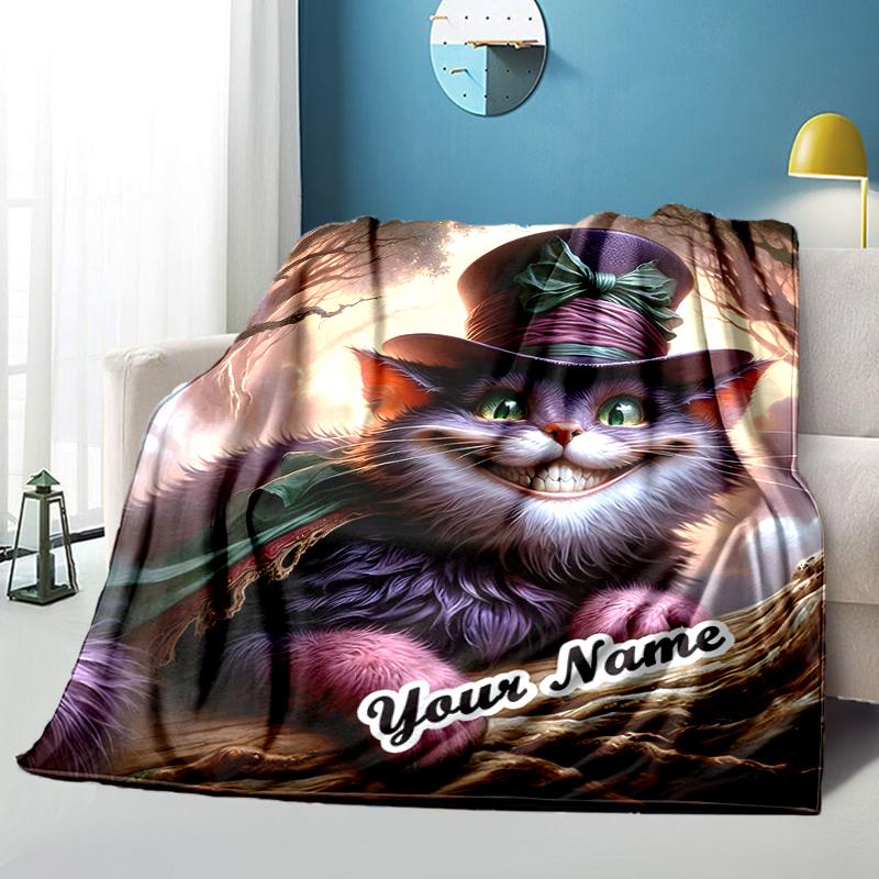 1PC Custom Name Fantasy Cat Adventure flannel blanket versatile,all-season throw suitable for the living room,bedroom,camping,travel,and gift