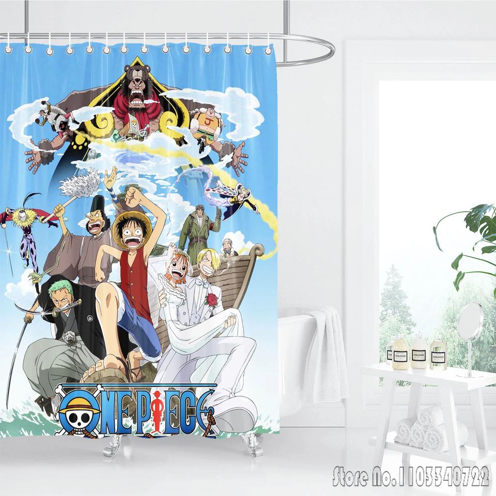 Shower Curtain One Piece Luffy Straw Hat Anime Waterproof Fabric Bathroom Curtain With Hooks, Cartoon Bath Curtain For Home Deco