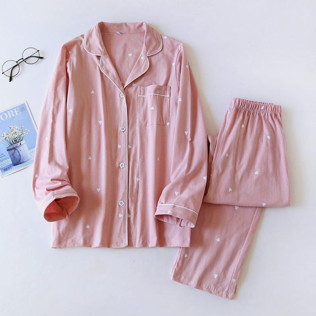 HEWEAYTA Long Sleeve Loungewear Loose Soft Size Women's Pajamas, Spring/Summer/Autumn, Open-Front, Set, Comfortable, Fit, (64 Pink, L)