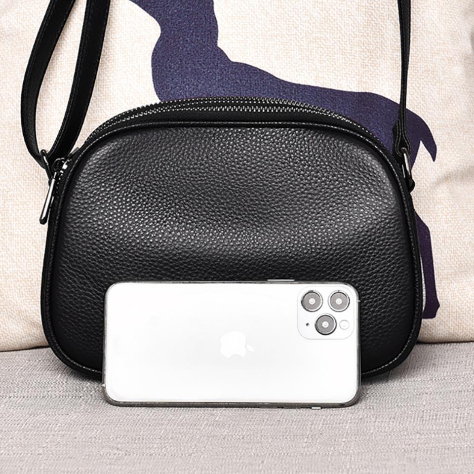 100% Genuine Cowhide Leather Female Small Messenger Bag 3 Layers Zipper Pockets Quality Women Solid Color Luxury Shoulder Bag
