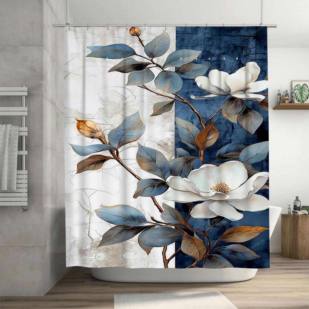 Elegant White Flowers and Blue Leaves Waterproof Shower Curtain Heat Resistant Machine Washable Non-Transparent 180x180cm