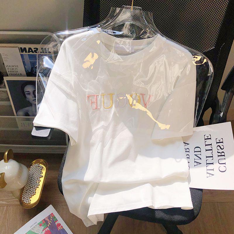 

Корейская футболка конфетного цвета с вышивкой букв, с круглым вырезом и коротким рукавом для женщин и пар - Коллекция весна/лето 2024 M