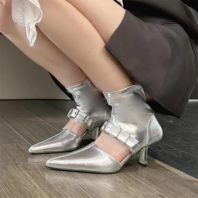 Eilyken Street Design Belt Buckle Hollow Out Women Ankle Boots Sandals Pointed Toe Thin Low Heels Ladies Shoes