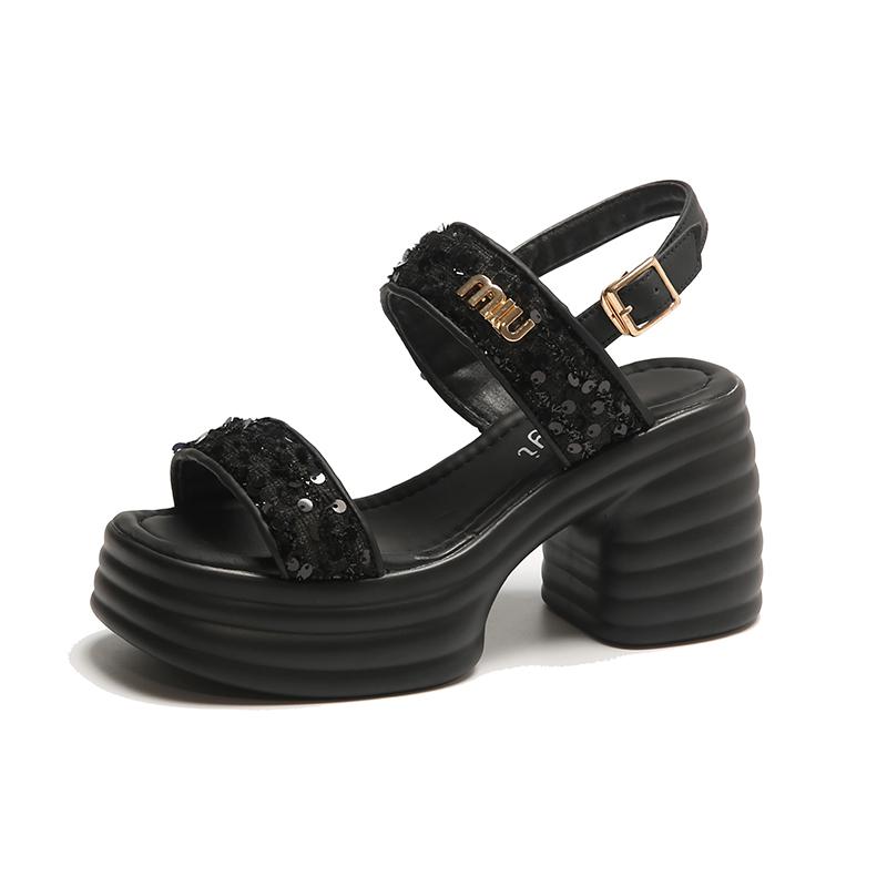 

9CM High Heels Women Slippers Chunky Pumps Ladies Strap Slides Luxury Platform Beach Women Shoes Flip Flop 2024 Summer sandal 34 чёрный