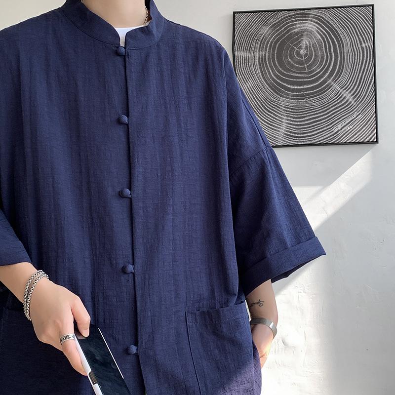 Чоловіча сорочка в японському стилі, ретро, з бавовни та льону, літні рукави з п'ятьма точками, великі розміри, китайський національний тренд