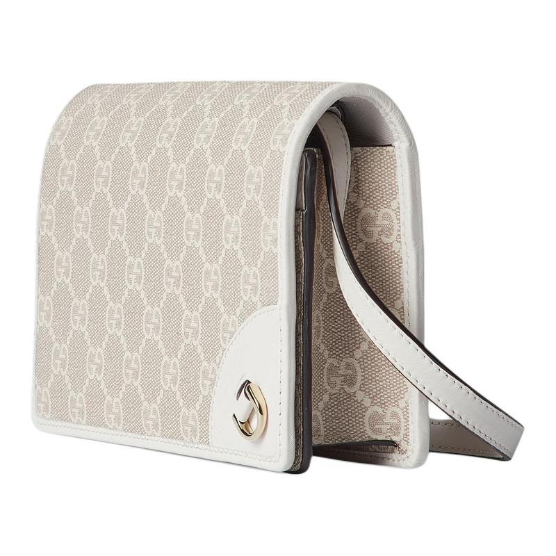 Gucci GG Emblem Logo Badge Adjustable Shoulder Strap Leather Trim Shoulder Bag Ultra Mini Women's Beige and White