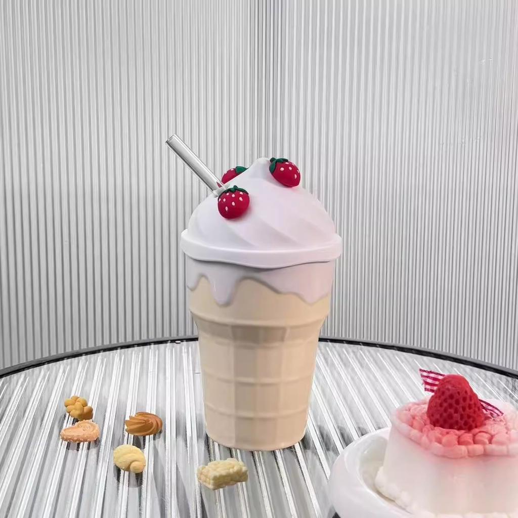 Cute Creative Ice Cream Mugs for Women 300ml Strawberry High Aesthetic Ceramic Cup with Lid Straw Household Exquisite Water Cup