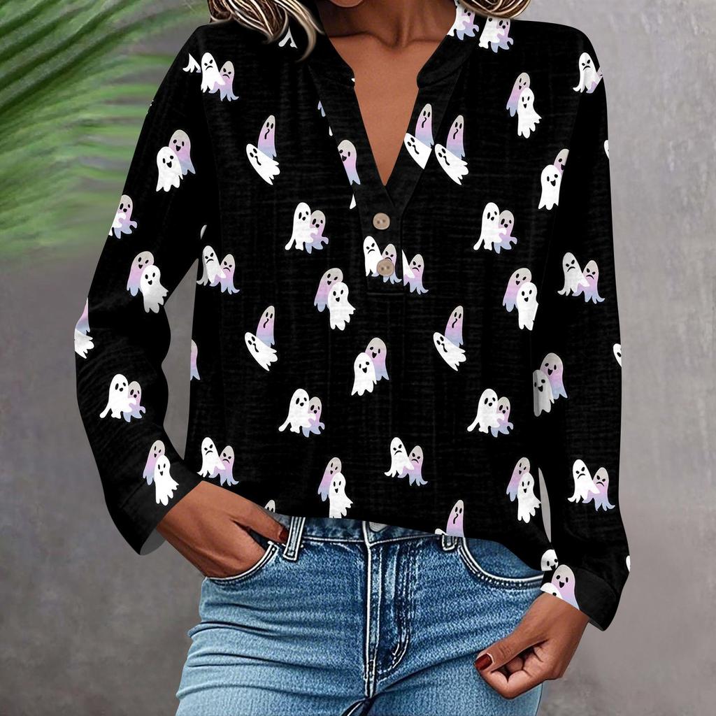 Damen Modisches Und Lässiges Hemd Langarm V-Ausschnitt Knopf Bedruckte Bluse Top