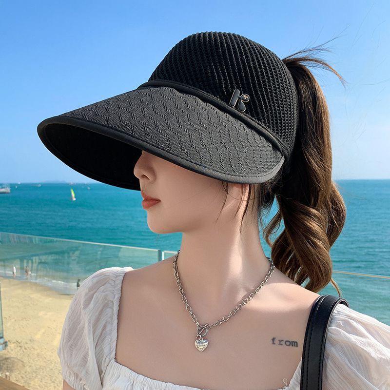 Women's Breathable Wide Brim Sun Hat with UV Protection, Open Top, Ponytail Tie, Mesh Design for Summer Cycling