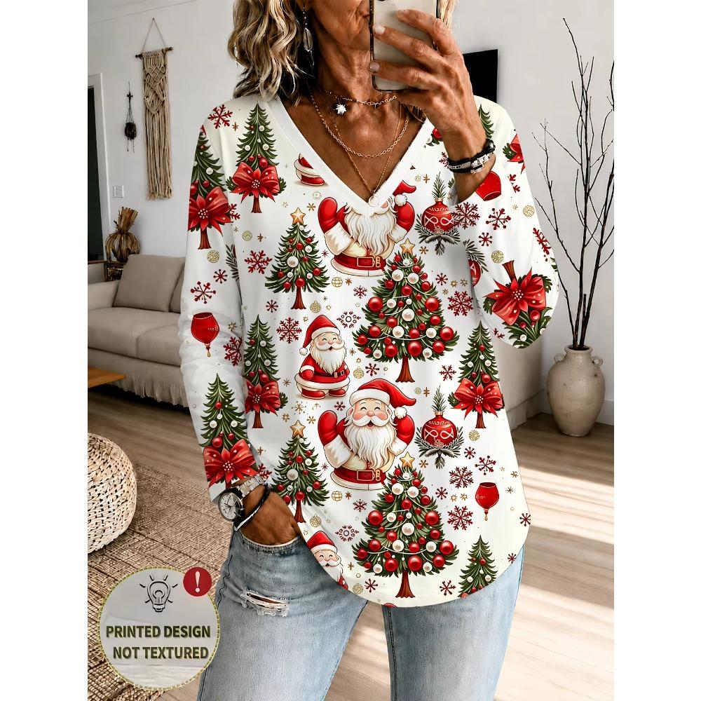 Fashion Christmas Theme Fun Printed Women V Neck Long Sleeve T-Shirt Comfortable Casual Loose Sports Versatile T-Shirt