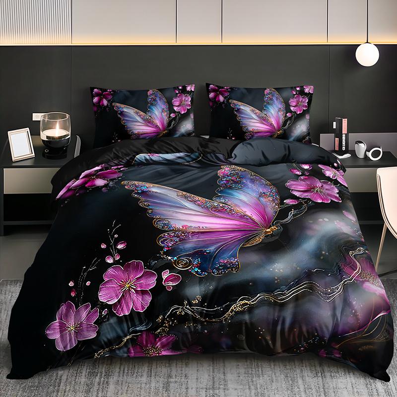 3pcs Butterfly Floral Bedding Set - Elegant Purple Pink Black Golden Duvet Cover Set with Zipper Closure, All-Season