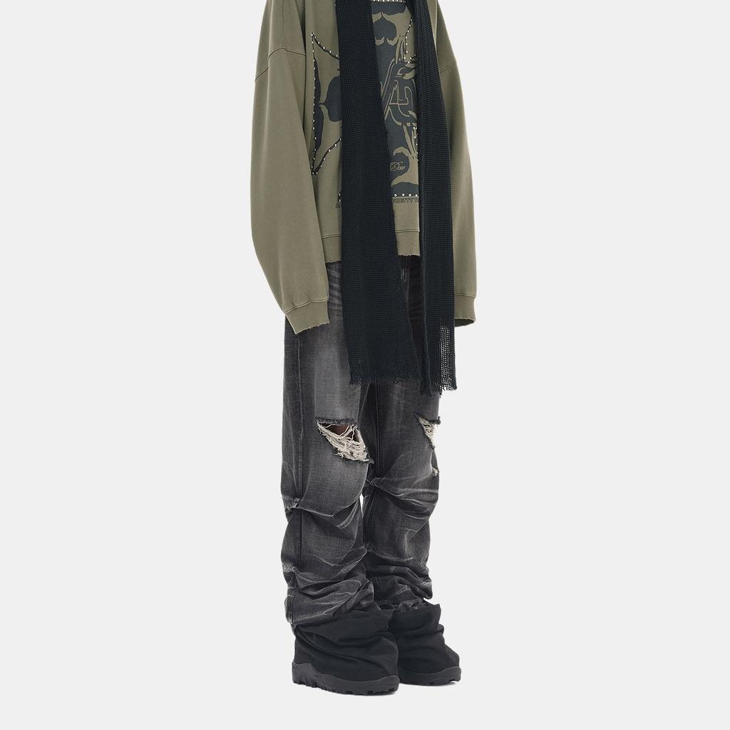 We11done Ss25 Punk Style Pleated Zipper Fly Mid Rise Straight Leg Jeans Men jeans Black WD-DP0-25-319-M-BK