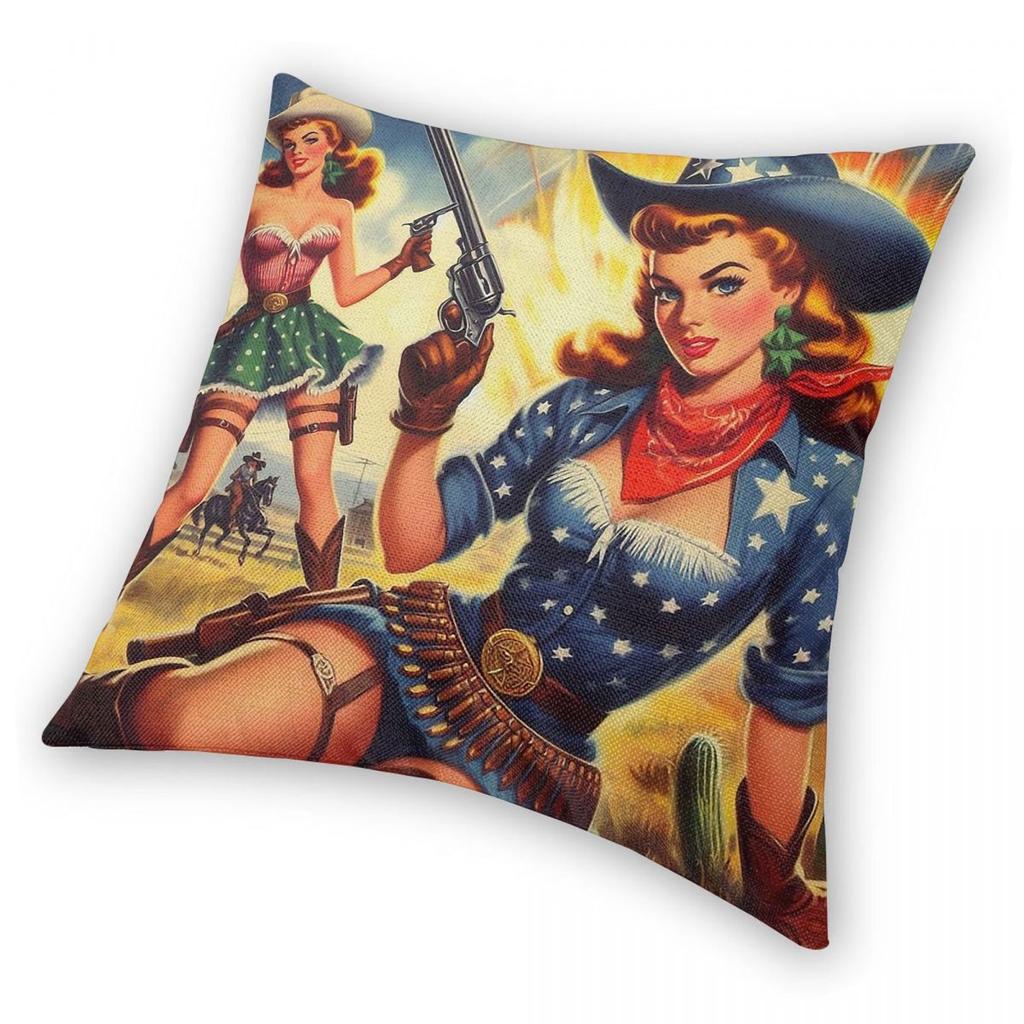 Vintage Western Cow Girls Square Pillowcase Polyester Linen Velvet Creative Zip Decor Pillow Case Home Cushion Cover 18"