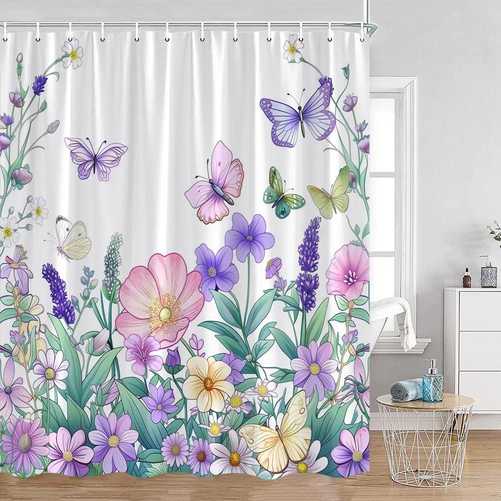 Lavendel Lila Duschvorhang Blume Floral Pflanzen Badezimmer Dekorativ Polyesterstoff Badewanne Duschvorhang