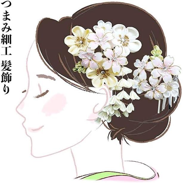 2-Piece Hair Accessory Set for Formal Occasions - White Tsumami Zaiku with Silver Dangles, Ivory, Cream - Premium Hair Ornaments for Kimono,