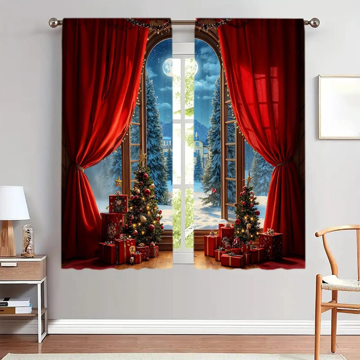

2pcs Christmas Tree Pattern Curtains Thermal Insulated Rod Pocket Holiday Window Decor Home Decor 24x59in(60x150CM)x2&Rod Pocket