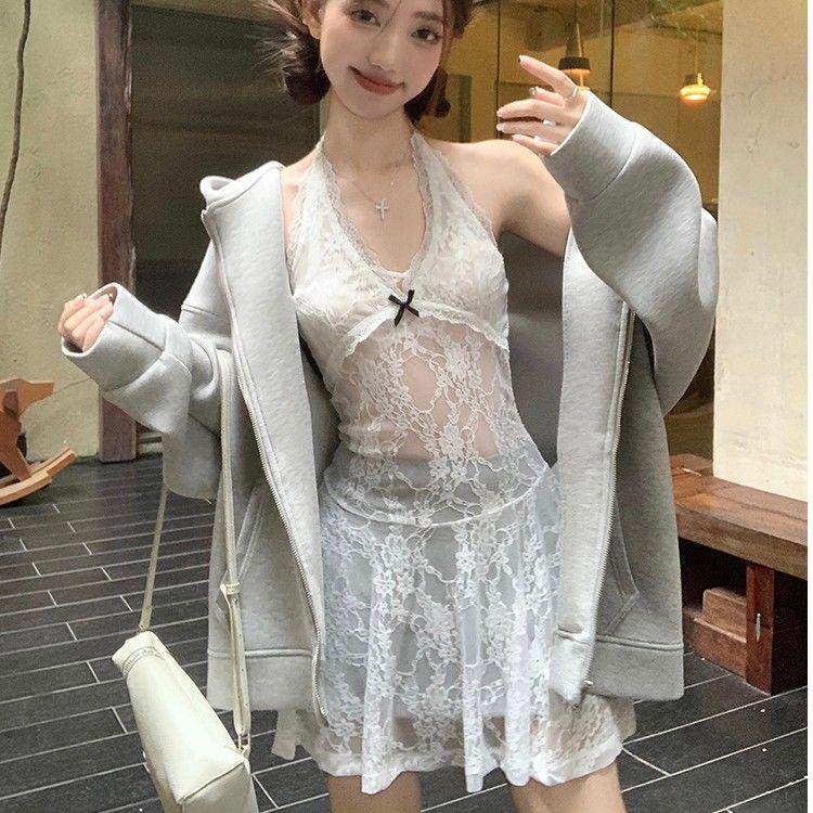 Retro Lace Patchwork Halter Tie-Up Tank Dress for Women