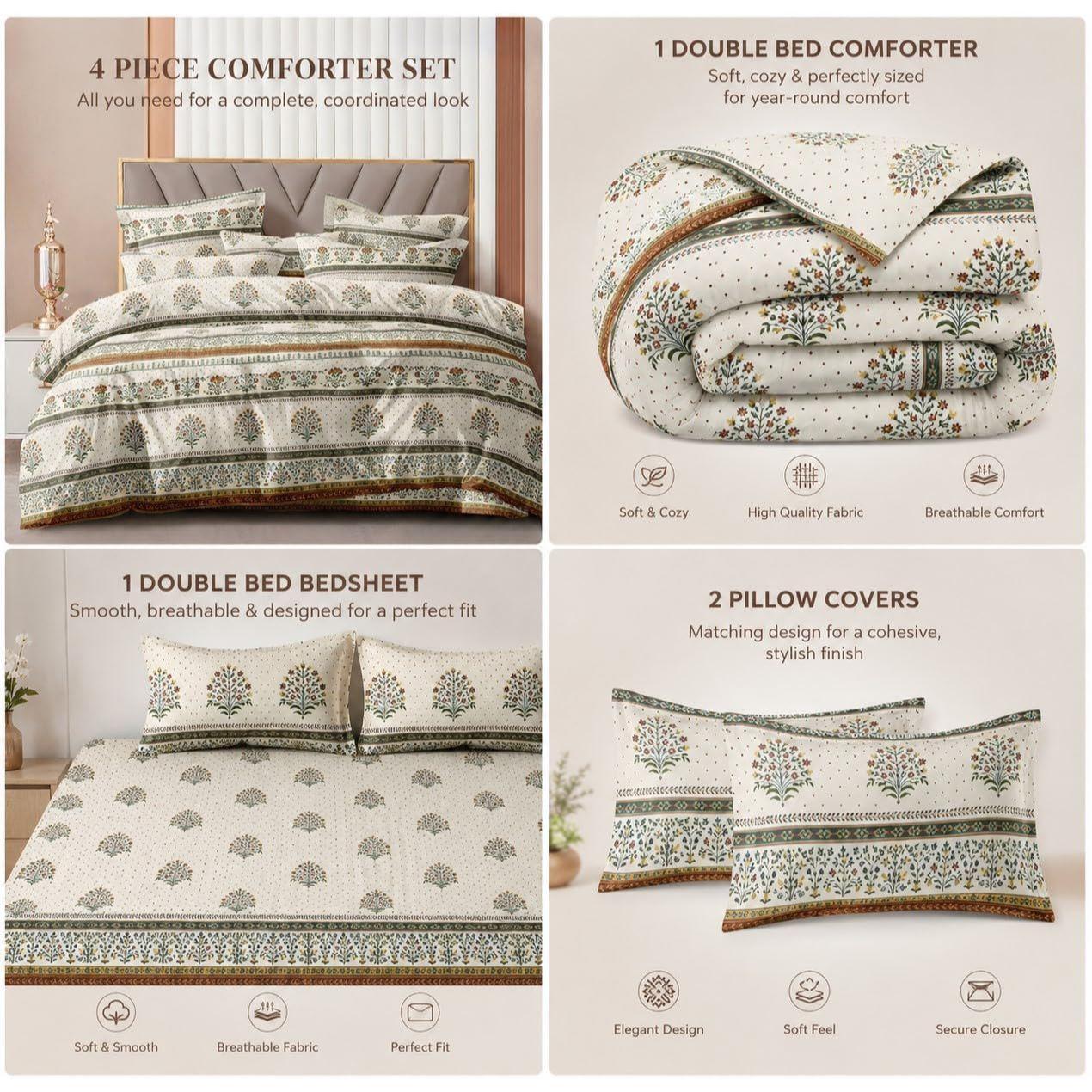 350TC Glace Cotton Comforter Set Double Bed King Size with 1 Bedsheet Flat and 2 Pillow Covers AC Quilt/Blanket/Duvet II 4 pc 228 cm x 245 cm